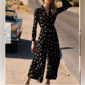 Anthropologie Loveland Wide-Leg Jumpsuit Polka Dots Black/Tan Size 4